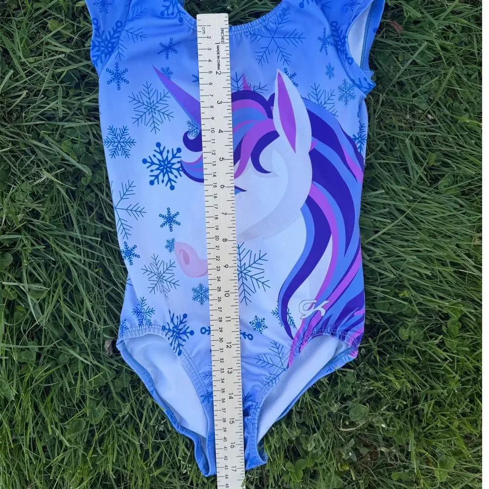 GK Elite Girls Blue Unicorn Snowflake Leotard Gymnastics Bodysuit Size CM